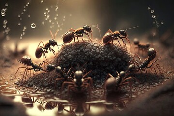Swarms of ants covering the ground and filling the water,. Generative AI