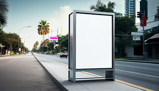 Blank white mock up of vertical light box in a bus stop