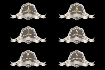 Warranty badge design elements collection, with premium silver color, seals, medals, shields, badges, scrolls and ornaments