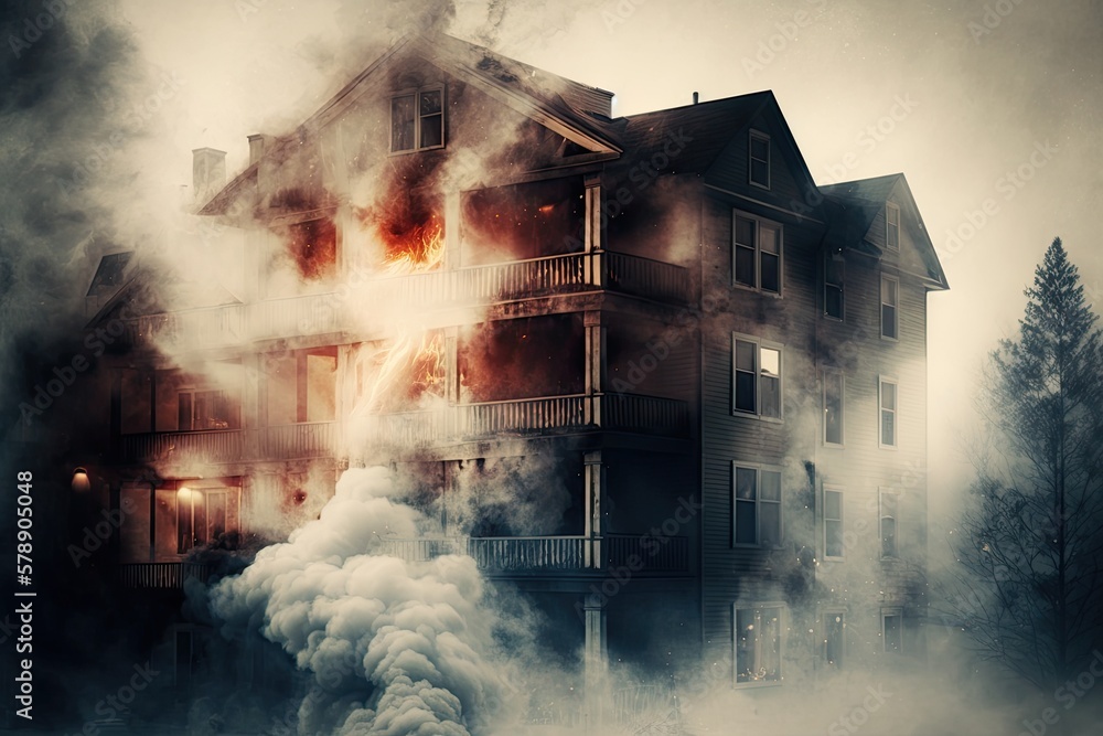 Aufkleber multiple floors of an apartment complex are engulfed in smoke after a fire. toned. generative ai