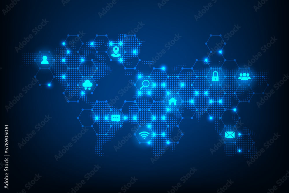 Aufkleber vector world map and icon social media network connection concept. social network communication.tech