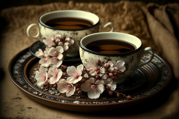 two cups of coffee latte with cherry blossoms, very romantic, generative ai