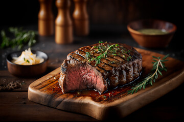 juicy grilled steak with herbs and spices on rustic cutting board. Barbecue. AI generated