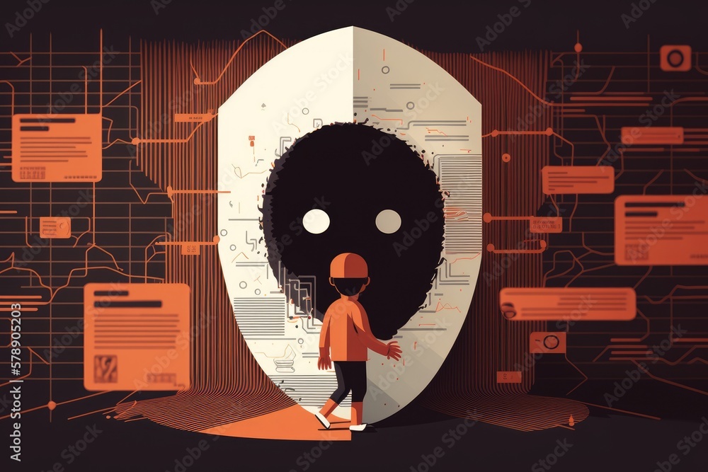 Poster conceptualization of a tiny human being in the context of a data breach, security attack, hacker fra