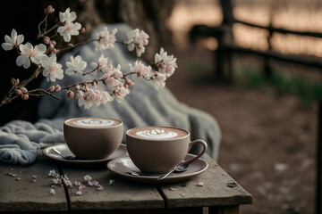 Obraz na płótnie Canvas two cups of coffee latte with cherry blossoms, very romantic, generative ai