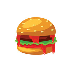 Spicy burger with melted sauce vector illustration, isolated on white background