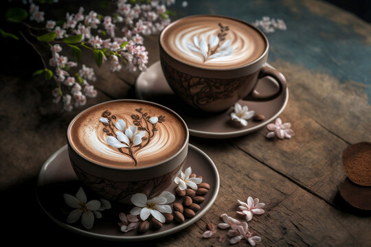 two cups of coffee latte with cherry blossoms, very romantic, generative ai