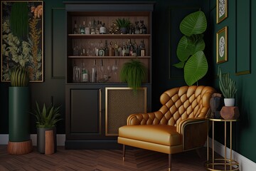 A posh living area featuring a posh armchair, a gold liquor cabinet, a plethora of plants, and some posh personal accessories. Shelf and green wall paneling. Decorations for the home that fit along wi