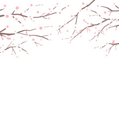 Stationery notepad illustration with white, red, pink, Japanese cherry blossoms in full bloom, brown cherry branches stretching from both sides