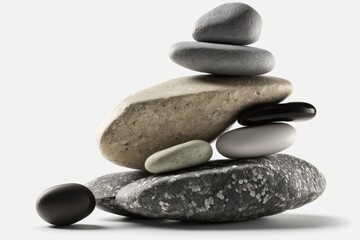 Fototapeta na wymiar Smooth, grey stones stacked in a neat stack. Rock from the ocean. Stones in a balancing act, white background. Generative AI
