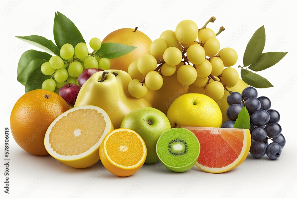 Poster Bananas, oranges, apples, grapes, peaches, lemons, and limes are just some of the fresh fruits available. White background, isolated. Generative AI