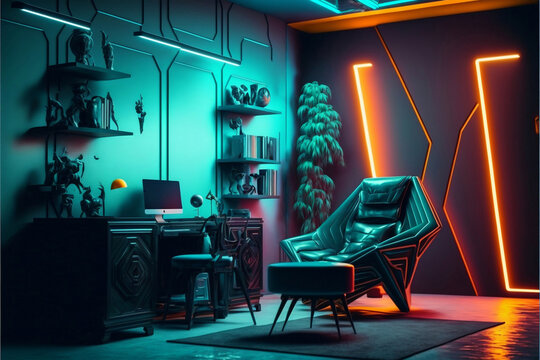 room gaming studio of cyber sportsman in neon lights. Professional gaming setup for playing online video games and live streaming. Shooters, cyber sport, esport concept, generative ai