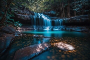 "Serenity Falls: An Illustration of a Beautiful Silky Waterfall Scene" 
Beautiful waterfall, blue tint, relaxing and serene. Generative AI