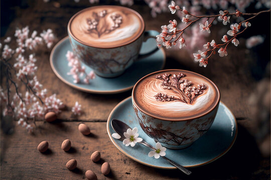 two cups of coffee latte with cherry blossoms, very romantic