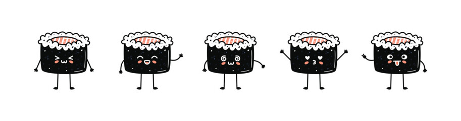 Set of kawaii maki sushi mascots in cartoon style © stasylionet