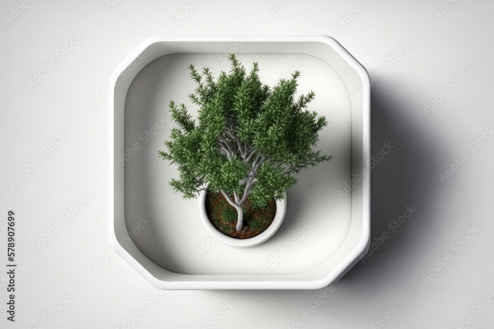Poster top view of a little tree in a white planter. generative ai