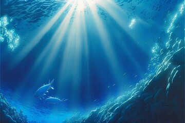 水中 光 海底 魚 海 太陽 深海 泡 海藻 洞窟 青, generative ai - obrazy, fototapety, plakaty