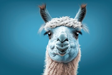 Obraz premium On a blue background, an amusing llama greets the viewer. Generative AI