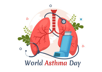 World Asthma Day on May 2 Illustration with Inhaler and Health Prevention Lungs in Flat Cartoon Hand Drawn for Web Banner or Landing Page Templates