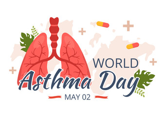 World Asthma Day on May 2 Illustration with Inhaler and Health Prevention Lungs in Flat Cartoon Hand Drawn for Web Banner or Landing Page Templates