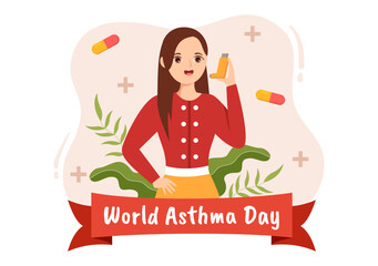 World Asthma Day on May 2 Illustration with Inhaler and Health Prevention Lungs in Flat Cartoon Hand Drawn for Web Banner or Landing Page Templates