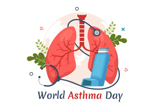 World Asthma Day on May 2 Illustration with Inhaler and Health Prevention Lungs in Flat Cartoon Hand Drawn for Web Banner or Landing Page Templates - Powered by Adobe
