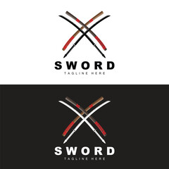 Sword Logo, Samurai Katana Monochrome Design, Vector War Weapon Cutting Tool Template Icon