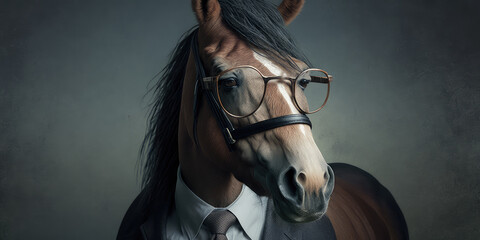 Fototapeta na wymiar Portrait of a horse wearing glasses dressed in a formal business suit, generative ai