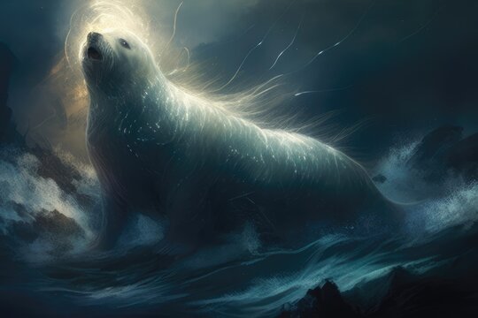 The Myth of the Selkie a magical creature who can assume a seals form. AI generation.