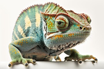 Obraz premium Against a white background, a Furcifer pardalis (panther chameleon) stares intently into the camera. Generative AI