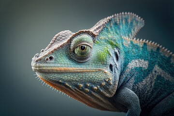 Frontal chameleon head closeup, animal portrait, grey background. Generative AI
