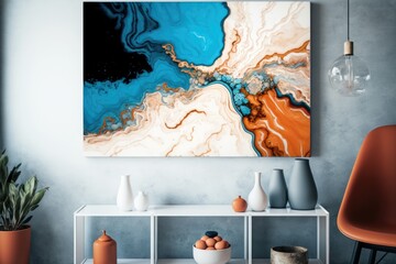 Feels like marble. Water based acrylic ink. Abstract design with a blue ocean, white clouds, and a sandy landmass. Grain streak pattern in a natural mineral stone with orange fleck veins. High class a