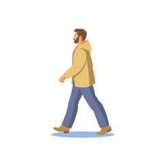 A bearded man walking in the city, isolated figure on white background flat vector illustration