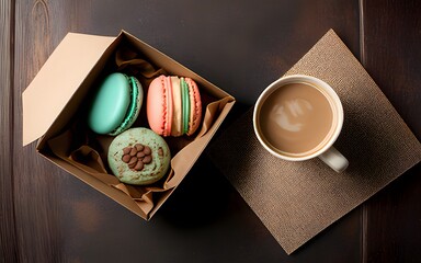 Homemade macaron in gift box and coffee cup Top view with copy space
