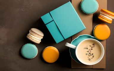 Homemade macaron in gift box and coffee cup Top view with copy space
