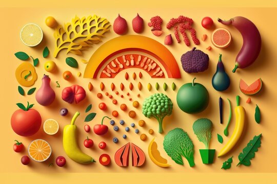 Colorful fruit and vegetables are artfully arranged on a sunny yellow background. It's a flat out layup. Ideas about food. Consider the big picture. Generative AI