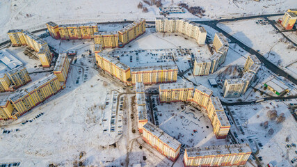 Multi-storey houses in the winter of Novokuznetsk from a bird's eye view
