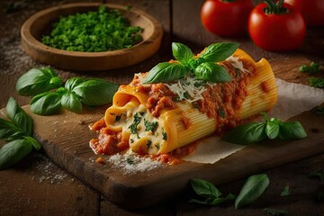 Cannelloni in tomato sauce, stuffed with meat, and cooked in the traditional manner, on a wooden background. Attentional bias. Generative AI