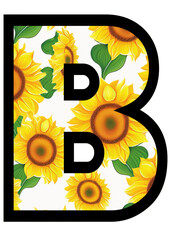 Sunflower Floral Alphabet, Letter B With Yellow Sunflower Pattern