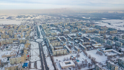 the urban landscape of Novokuznetsk in winter from a bird's eye view