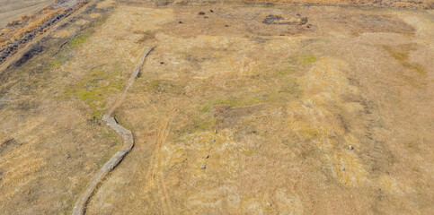 Aerial view of ancient wall of stone fortress in Yeosu, South Korea.