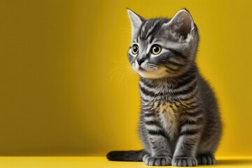 Copy space and a cute little tabby kitten on a sunny yellow background. Gray cat on a colorful background, with copy space isolated. Young animal's show of curiosity and inquiry. Generative AI