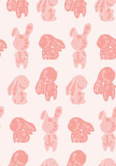 Vector gentle seamless pattern with pink decorated bunnies in row. Nursery texture with folk art rabbits. Childish backdrop