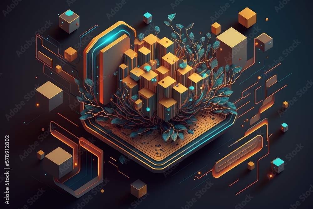 Poster abstract isometric background with digital geometric technology elements. generative ai