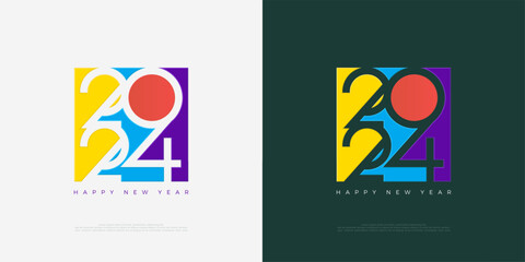 Colorful happy new year 2024 design with bright colors. Premium design for new year greetings for banners, posters or social media and calendars.