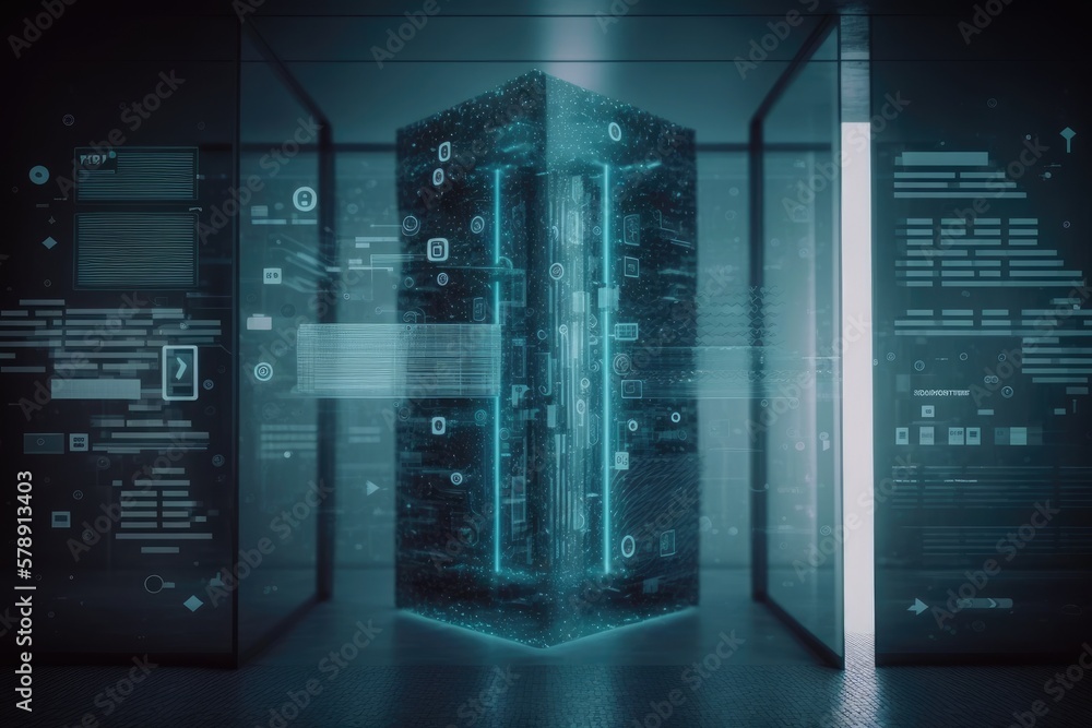 Poster abstract virtual binary code hologram with double exposure on a contemporary corporate office backgr