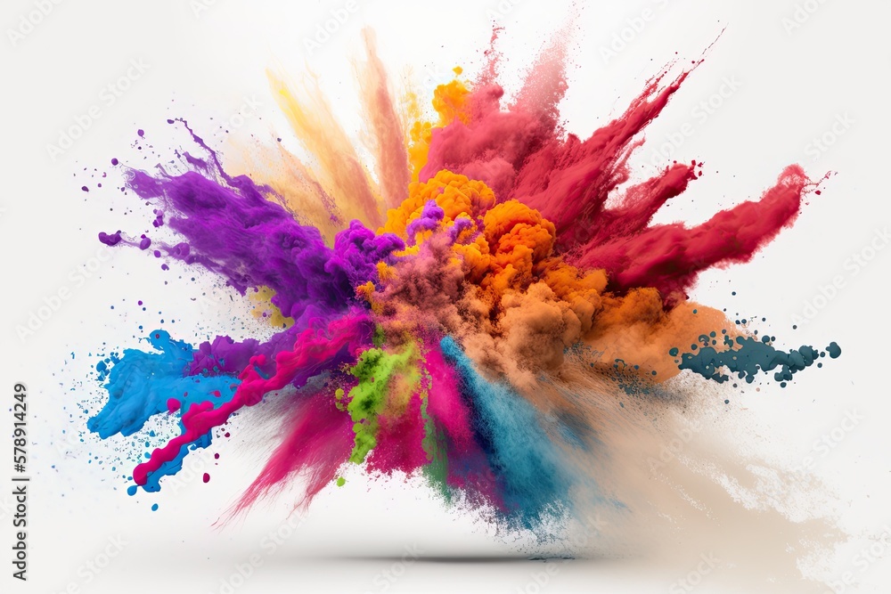 Poster colored powders explode against a white background. connotation of power and creativity, expressed t