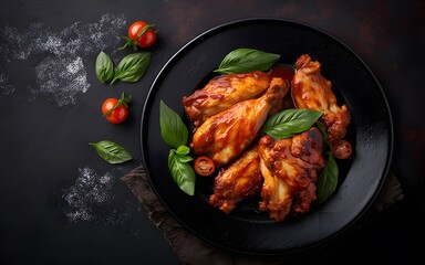 Spicy grilled chicken wings with tomato sauce on black plate on dark concrete background. top view with copy space