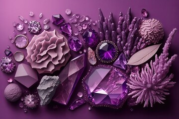 Amethyst druzies and jewels look stunning on the pink background. Rose quartz and amethysts. Semiprecious stone crystals that are quite large. Generative AI