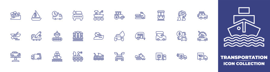 Fototapeta na wymiar Transportation line icon collection. Editable stroke. Vector illustration. Containing jeep, boat, delivery time, car wash, mars rover, tractor, snowmobile, subway, slippery road, tow truck, and more.
